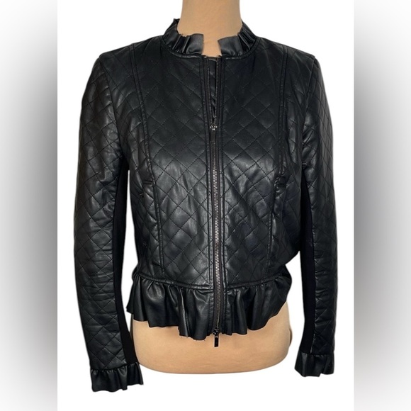 French Connection Brishen PU Frill Edge Faux Leather Biker Jacket Small - Picture 5 of 11